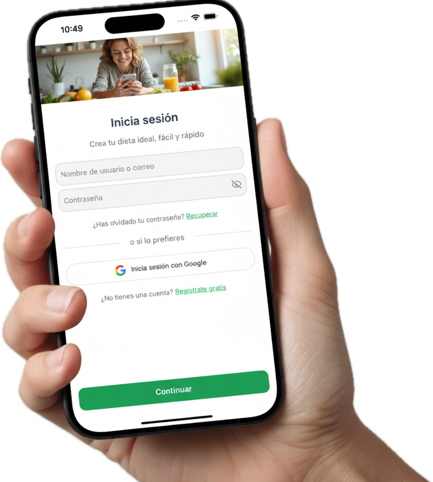 Mano sosteniendo un iPhone con la app FastDiet